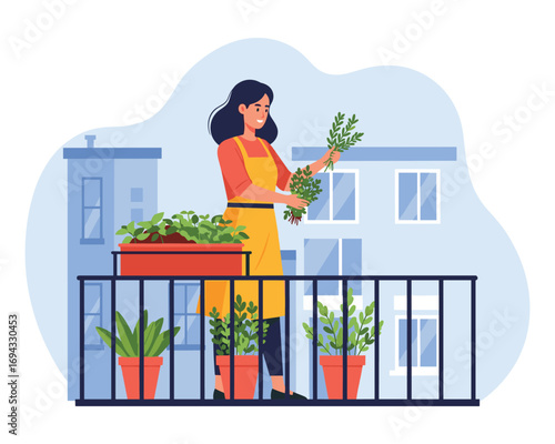 Urban Balcony Gardener: A woman on a balcony, expertly tending to an array of potted plants, embodies the serenity of urban gardening.