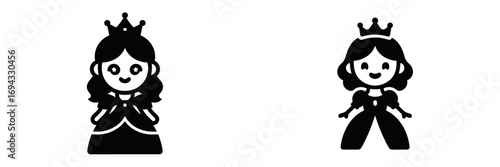 Set of cute princess character icons with royal crown and gown, black and white glyph symbol for fairy tale or fantasy themes