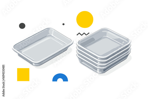 Set of single and stacked empty rectangular aluminum foil containers or metal food trays for storage and baking in an isometric view