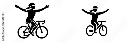 Female cyclist silhouette with victory pose celebrating a win or freedom on a bicycle isolated on white background
