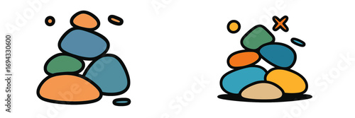 Two colorful stone stacks representing the concepts of balance versus imbalance, stability versus collapse, and success versus failure