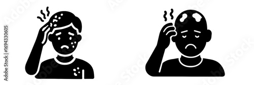 Dermatology problem icons showing hair loss and skin disease like acne and dandruff on a person's head and face