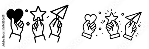 Hand holding heart, star, and paper airplane icons for social media feedback, user ratings, likes, favorites, and sharing symbols