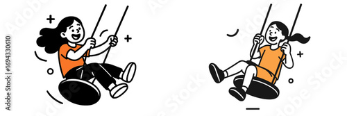Two happy girls swinging on a playground swing set in a minimalist black and white style with orange accents