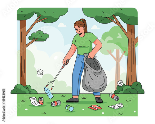 Championing Change: A dedicated woman, armed with a trash grabber and a collection bag, diligently cleans up litter in a park setting, embodying environmental responsibility and positive change.