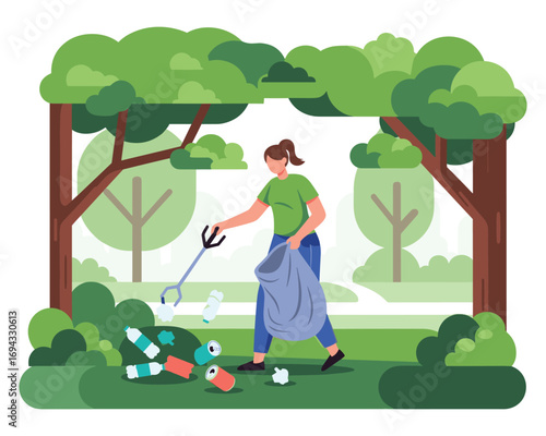   Eco-Friendly Guardian: A dedicated individual diligently collects litter in a scenic park, highlighting the importance of environmental conservation and community involvement, symbolizing a cleaner.