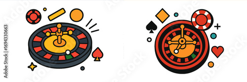 Set of two roulette wheel icons with casino gambling elements like poker chips and card suits isolated on a white background