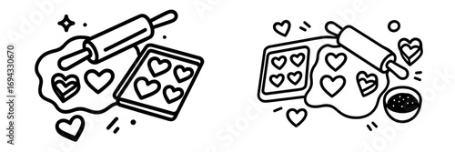Set of baking icons with heart shaped cookies being rolled out from dough with a rolling pin and placed on a baking sheet for Valentine's Day