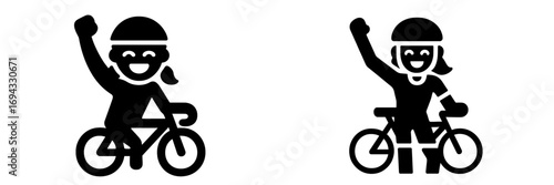 Happy female cyclist celebrating victory on a bicycle black silhouette icon set for sports and recreation concepts