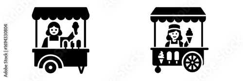 Ice cream cart vendor icon set with a woman selling frozen desserts from a mobile food stand glyph silhouette