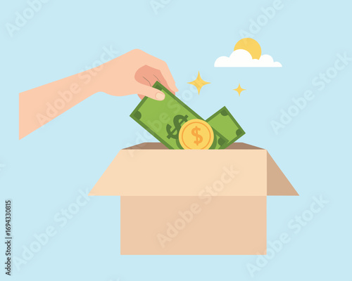 Financial Aid Illustration: A benevolent gesture depicted as a hand tenderly depositing currency into a donation box, symbolizing the act of giving, generosity.