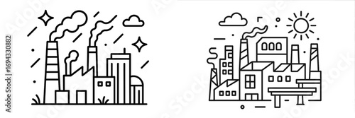 Minimalist line art of industrial factory buildings with smokestacks representing manufacturing and environmental pollution