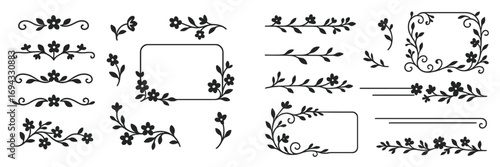 Set of decorative floral dividers and frames with botanical ornaments in a simple silhouette style for elegant design