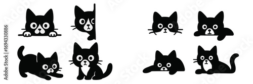 Simple graphic silhouette collection of cute black cat cartoon characters in various poses like peeking, sitting, and playing