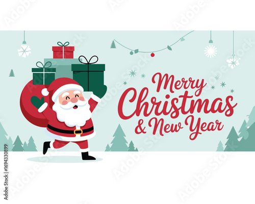 Christmas Cheer: A festive scene of Santa Claus bringing gifts, filled with festive icons, conveying the warmth and joy of the holiday season.
