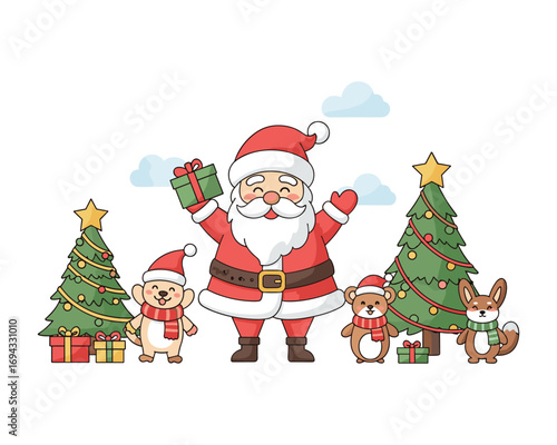 Holiday Cheer: Festive Santa Claus and animal companions in a joyous Christmas scene, surrounded by twinkling trees and gifts, radiating warmth and the spirit of giving.