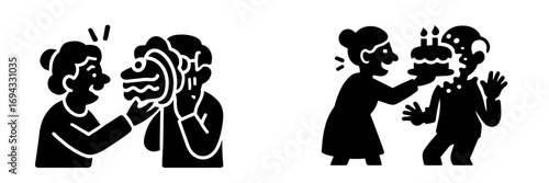 Set of black silhouette icons depicting a funny birthday prank with a cake smash in the face, a playful food fight and slapstick comedy