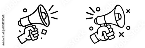 Hand holding a megaphone for public speaking, marketing, and protest announcements, minimalist line art for communication concepts
