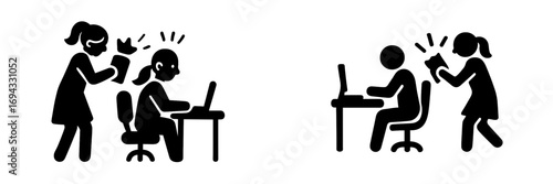 Stick figure pictogram showing an angry colleague hitting a coworker on the head with a book while they work on a laptop