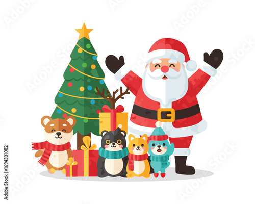 Santa Claus with Holiday Cheer: A festive illustration of Santa Claus and his animal friends. A delightful Christmas scene filled with presents and a decorated Christmas tree.
