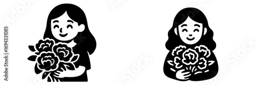 Icon set featuring a happy young woman holding a bouquet of flowers as a gift for Mother's Day or a special occasion celebration
