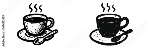 Hand drawn coffee cup icon set in a black and white block print style with steam rising from the hot beverage