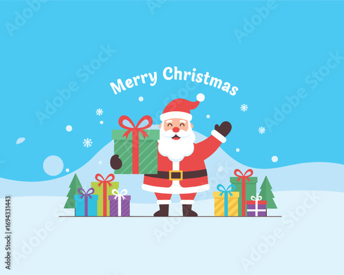 Santa's Festive Gift: A cheerful depiction of Santa Claus surrounded by colorful presents, embodying the spirit of Christmas, against a snowy landscape under a serene sky.