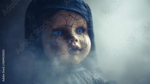 Cracked porcelain doll in mist, haunting presence, evokes Samhain traditions, whispers of enchanted heirlooms, eerie folklore tapestry