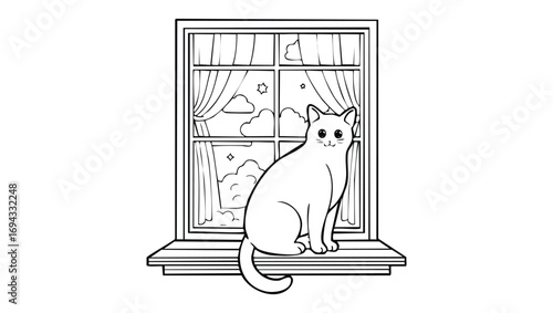 Cat Watching Clouds by the Window A Serene Line Art Illustration