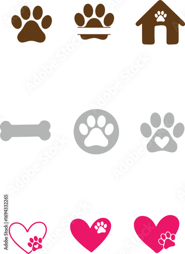 Collection of nine dog-related icons: paw prints, bone, doghouse, and hearts, in brown, grey, and pink on a white background.