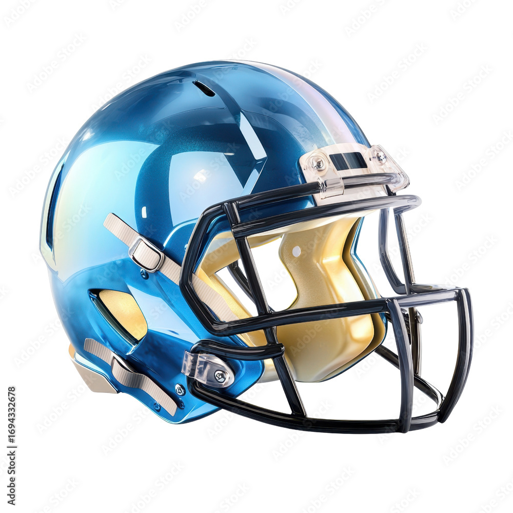 Fototapeta premium Bright Blue Metallic Football Helmet with Glossy Finish and Black Faceguard for Team Sports and Athletic Equipment transparent background