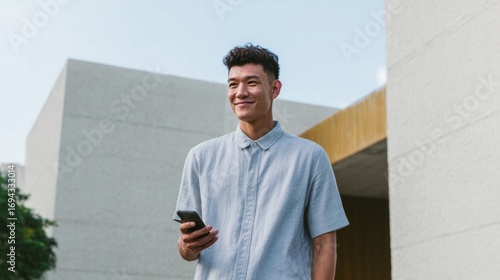 Asian male with serene smile clutching smartphone, modern architectural backdrop, celebrating Singles' Day, digital nomad freedom