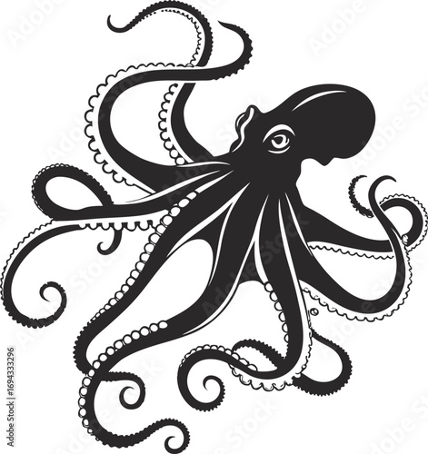 Stylized Black Octopus Silhouette Vector, Marine Creature Illustration, Mysterious Ocean Animal Outline, Stylized octopus vector