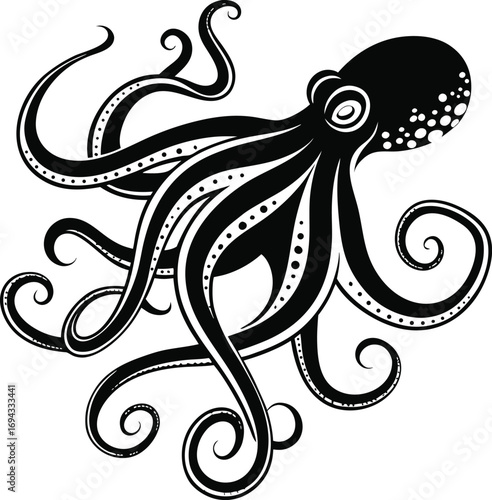Stylized Black Octopus Silhouette Vector, Marine Creature Illustration, Mysterious Ocean Animal Outline, Stylized octopus vector