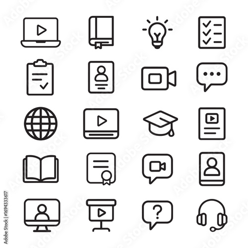 Vector set of education icons. Online learning, e-learning, video lessons, graduation, webinar, chat, books, diploma, presentation and communication symbols for school, university and courses