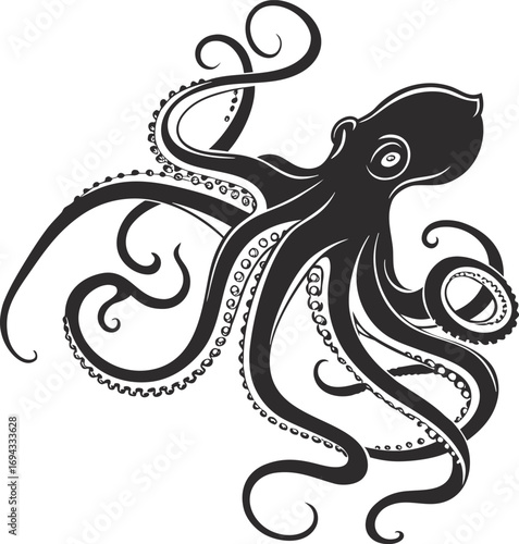 Stylized Black Octopus Silhouette Vector, Marine Creature Illustration, Mysterious Ocean Animal Outline, Stylized octopus vector