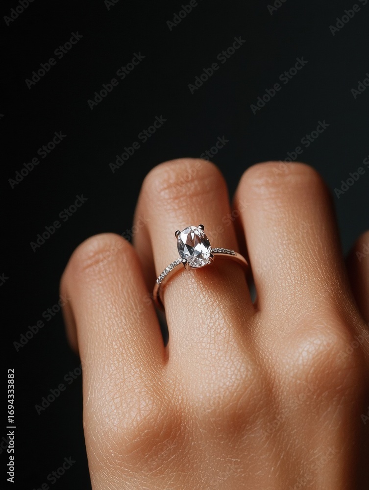 Obraz premium Close-up of a person's hand with a ring on their ring finger. the ring is made of rose gold and has a large, oval-shaped diamond in the center.