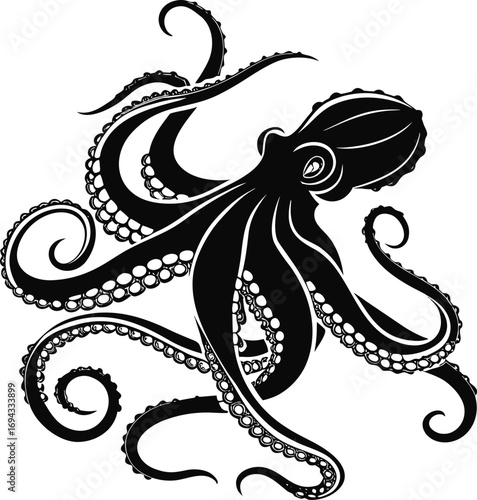 Stylized Black Octopus Silhouette Vector, Marine Creature Illustration, Mysterious Ocean Animal Outline, Stylized octopus vector