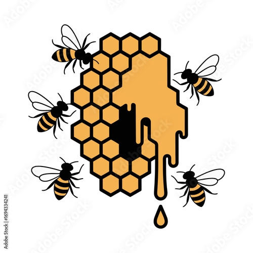Honeycomb with Bees and Dripping Honey Illustration