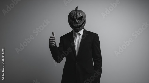 A whimsical figure in a suit dons a menacing pumpkin head, evoking Halloween mischief and the eerie Samhain festival
