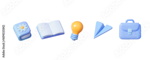 3D vector icon set with diary, open book, light bulb, paper plane, and briefcase in pastel blue colors. Modern education and creativity symbols.