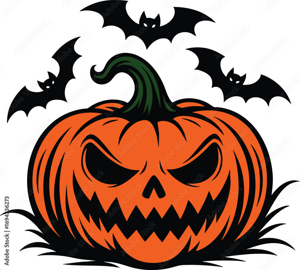 Fototapeta premium Spooky Pumpkin with Bats Halloween Clipart
