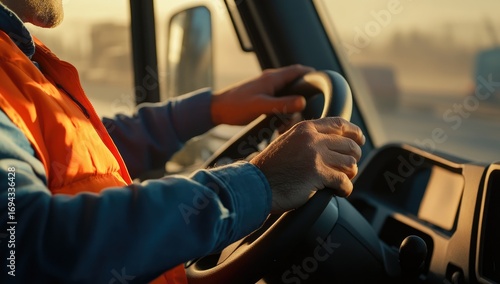 Close-up of a truck driver's hands on the steering wheel, driving in the morning, wearing an orange vest and a blue