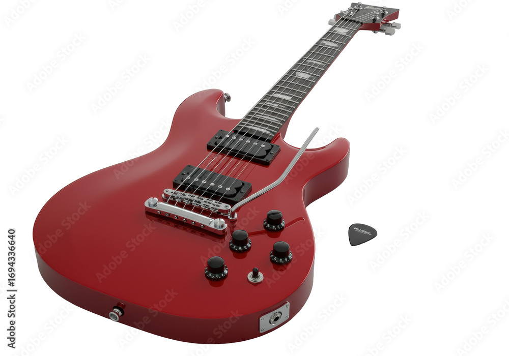 Obraz premium Vibrant, glossy red electric guitar with black headstock, ebony fretboard, chrome tremolo, and black guitar pick, isolated on transparent studio background. Concept of high-quality product design