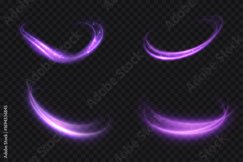 Light swirl strike effects with purple glow and bright shine. Dynamic arcs of energy for game interfaces, combat animations, magic attacks and fantasy design.
