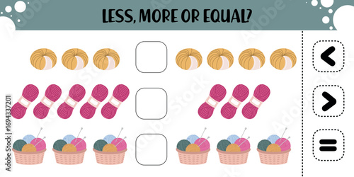 Early math worksheet for kids focused on comparing quantities of yarn balls, skeins, and knitting baskets. A fun, craft-themed activity for teaching less than, greater than, or equal to.