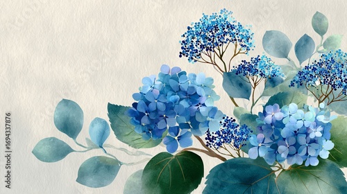 A picturesque watercolor illustration of blue hydrangeas and green leaves, showcasing delicate floral beauty and artistic elegance.