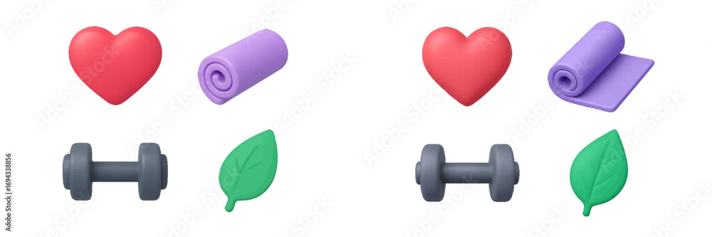 Fototapeta premium Collection of heart, yoga mat, dumbbell, and green leaf symbols for health, fitness, and natural well-being