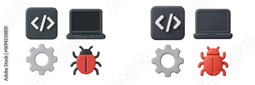 Modern software development and debugging icons set with code, laptop, gear, and bug symbols representing programming and system maintenance
