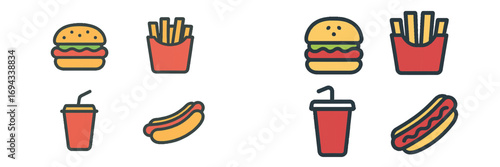 Collection of popular fast food icons including classic hamburgers, crispy french fries, savory hot dogs, and refreshing soda drinks